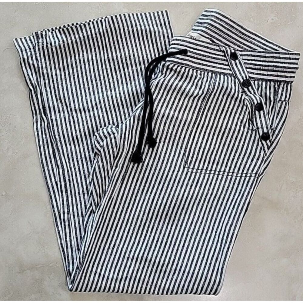 Rewind‎ womens linen pants 9/29W pockets Elastic tie black white stripped
